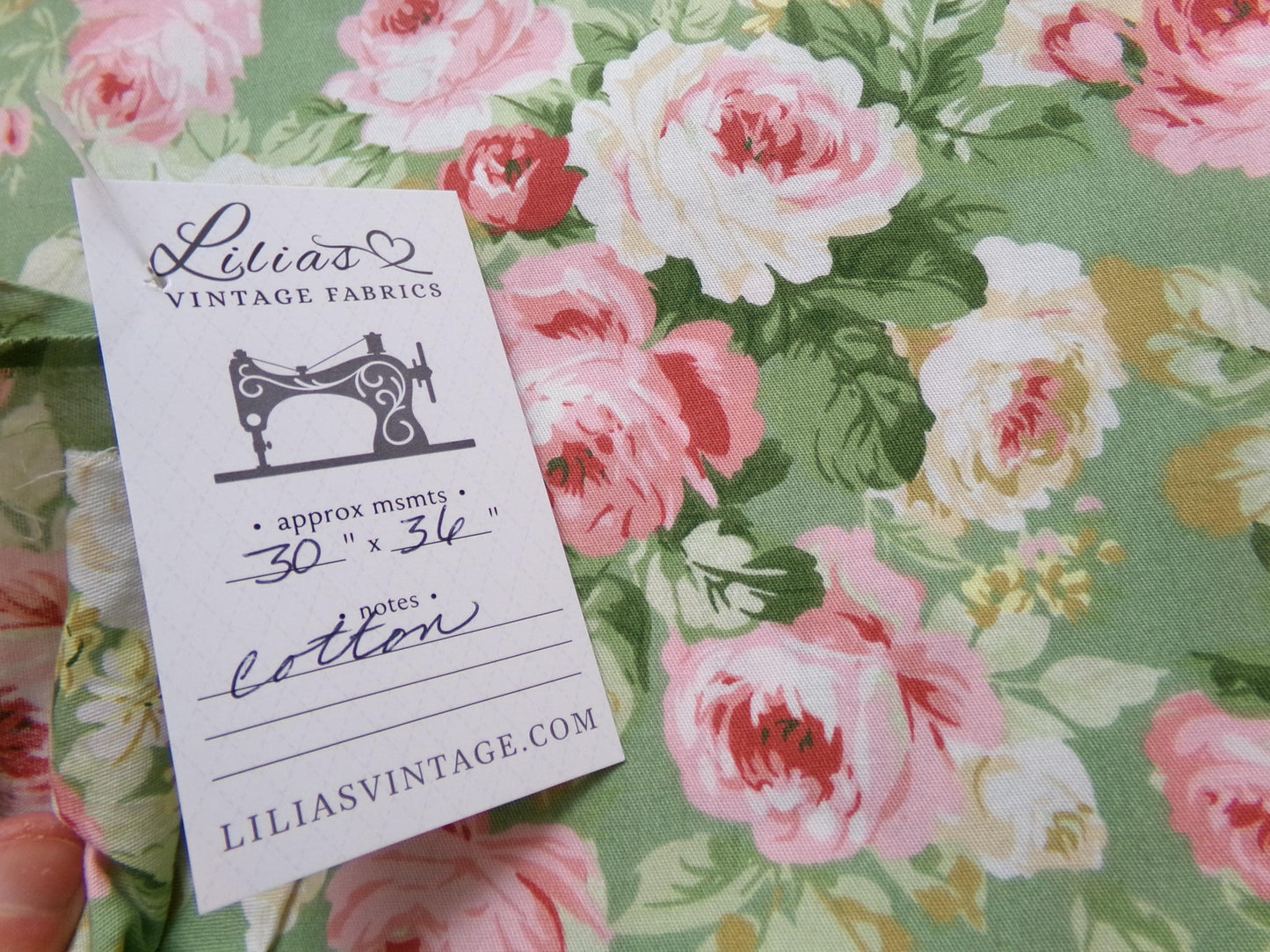 Vintage Cotton Quilt Fabric English Rose Floral Pink Green Shabby Chic Cottage 30" x 36"