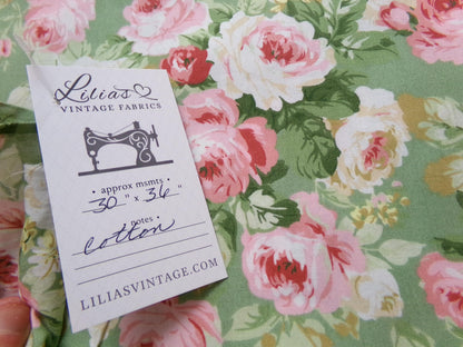 Vintage Cotton Quilt Fabric English Rose Floral Pink Green Shabby Chic Cottage 30" x 36"