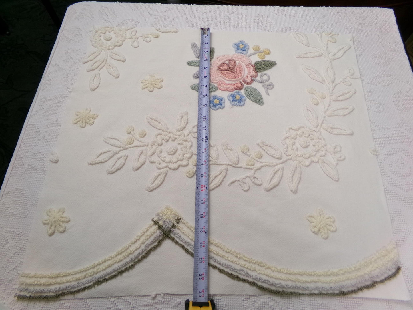 Solitary Rose Vintage Chenille Bedspread Fabric, Shabby Sweet Sewing Material, 22" x 24"