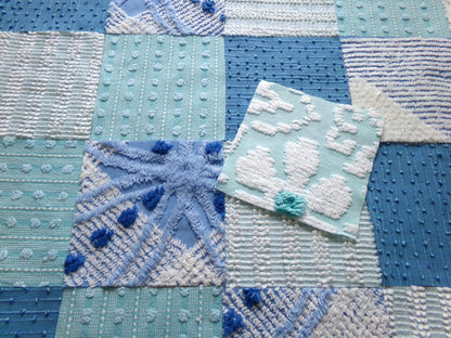 coastal fresh vintage chenille fabric squares, set of 17 blue & aqua 6" quilt blocks for sewing
