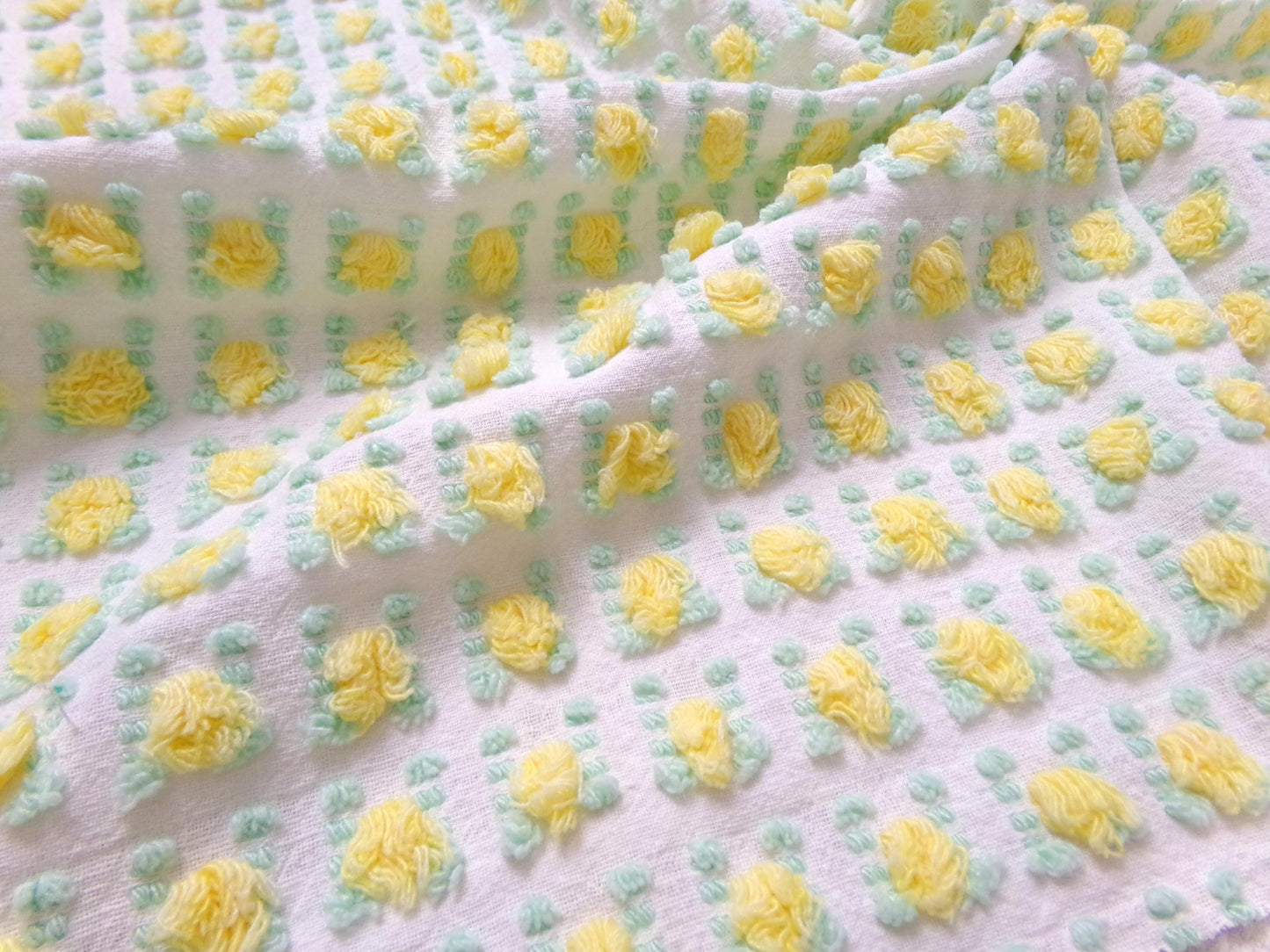 yellow rosebud vintage chenille fabric, lemon tufted rose sewing quilt material 18x24"