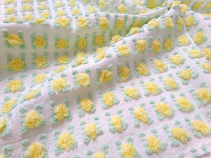 yellow rosebud vintage chenille fabric, lemon tufted rose sewing quilt material 18x24"