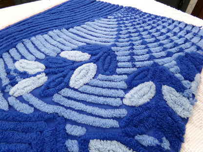 vintage chenille bedspread fabric, mystic blue fan floral sewing material, 22" x 21" piece