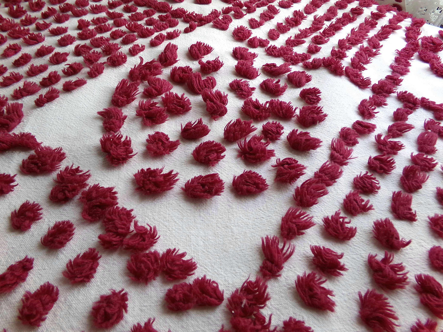 Magical "Ruby Slippers" Red Antique Chenille Fabric, 21" x 26" inch Piece, Vintage Handtuft Diamond Circle Puffs in Red Wine on White Cotton
