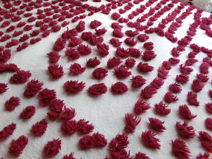 Magical "Ruby Slippers" Red Antique Chenille Fabric, 21" x 26" inch Piece, Vintage Handtuft Diamond Circle Puffs in Red Wine on White Cotton