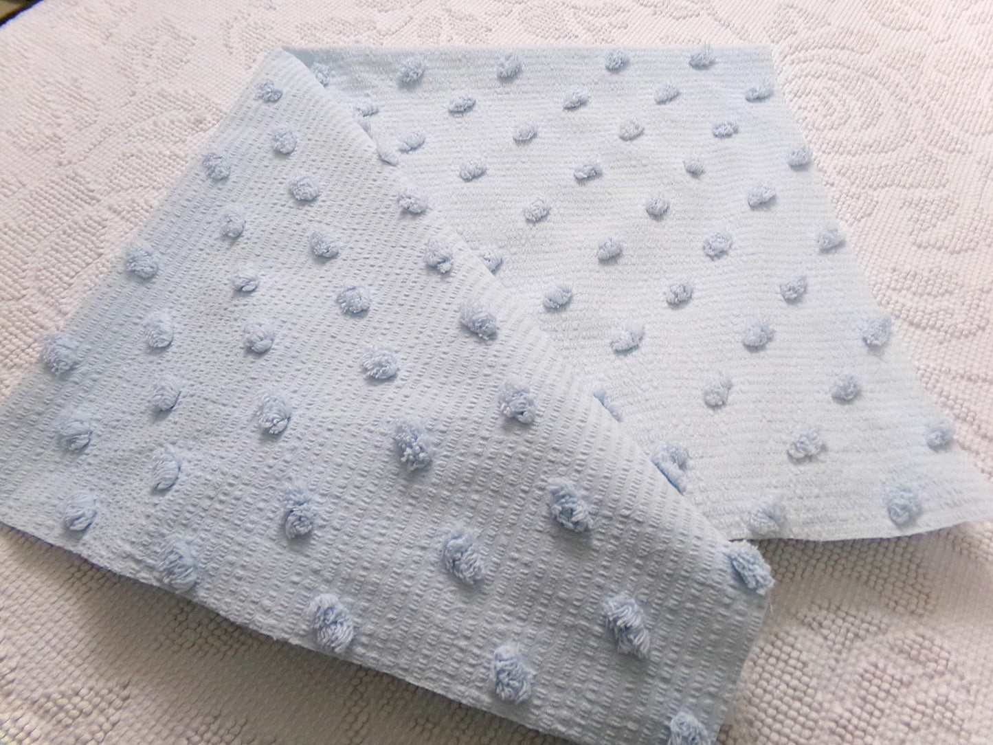 powder blue vintage chenille fabric, tufted dots on cotton seersucker, 22" x 23" piece