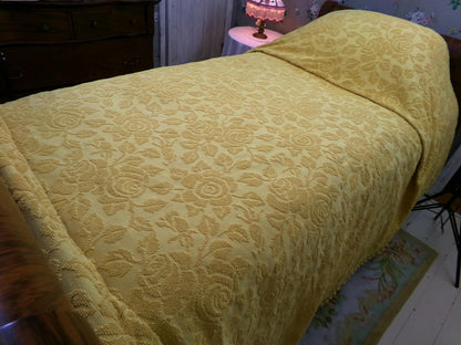 Vintage Chenille Bedspread in Sunflower Honey Golden Blonde | Hobnail Cabbage Rose Woven Texture | On Trend Boho Style Heavyweight Spread