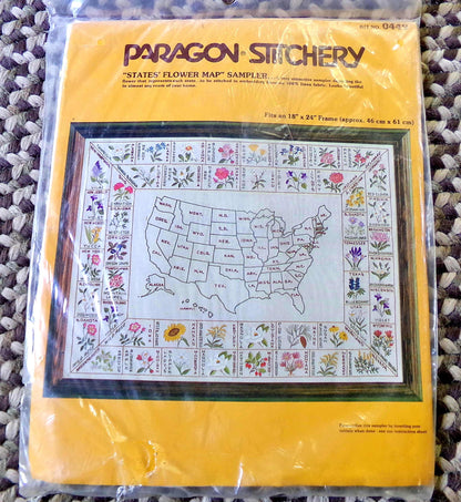STATES' FLOWER MAP Sampler Vintage Paragon Crewel Embroidery Kit 0449 50 United States Floral Stitchery