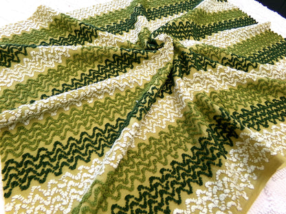 groovy green zig zag vintage chenille fabric, earthy avocado, olive textured pattern, 18" x 24" cut piece for arts & crafts