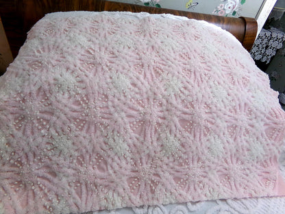 luxury pink vintage chenille fabric, 17x26" pc heavily tufted celestial snowflake spoke design