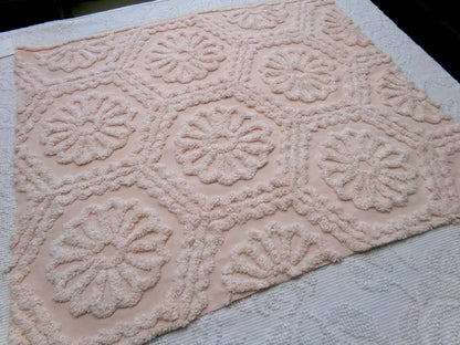 vintage chenille bedspread fabric peach blush daisy medallions 20x24" sewing quilt material