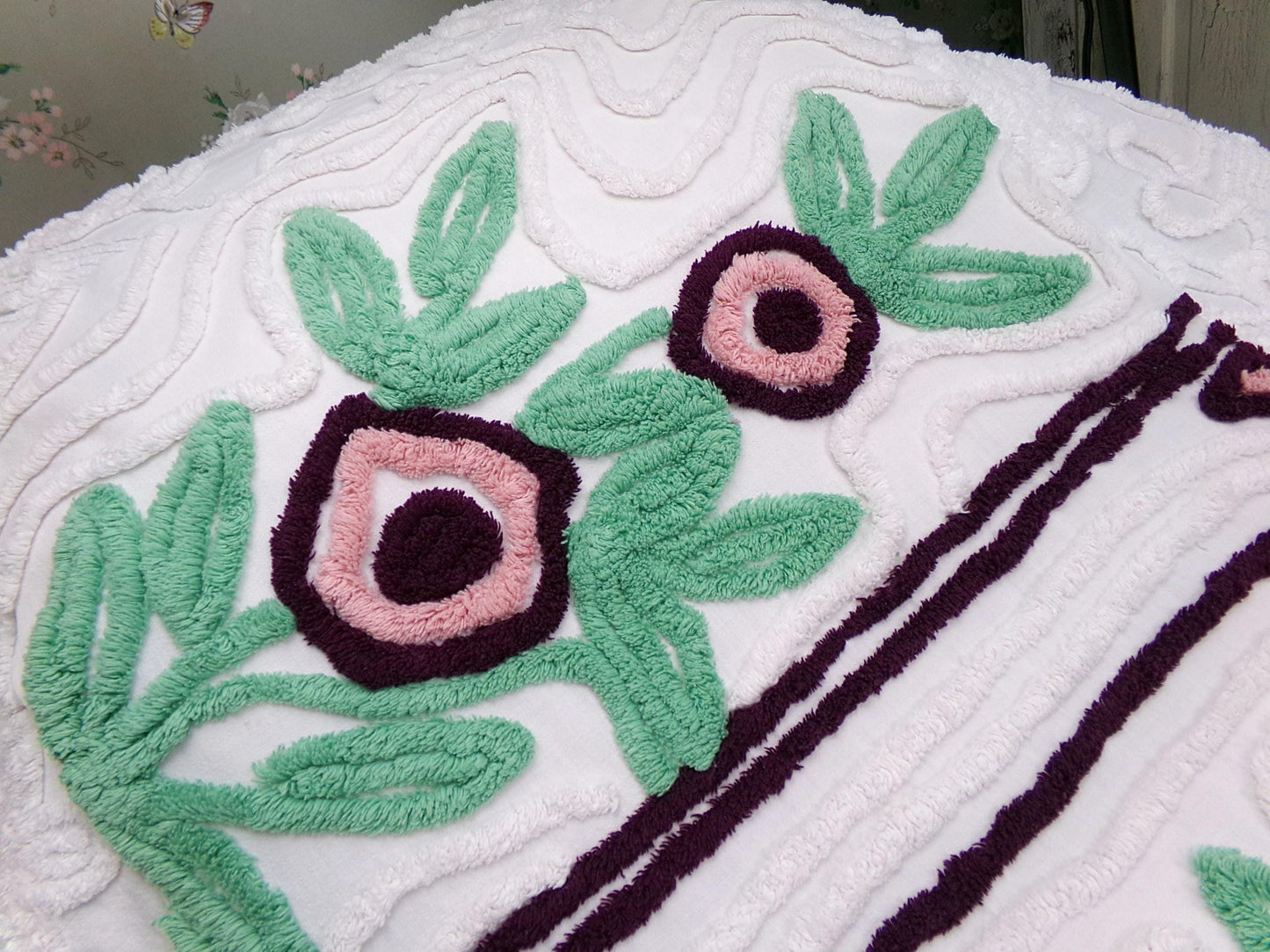 Vintage Chenille Fabric, Shabby Berry Mauve Blooms 19" x 30" Piece Sewing Craft Material