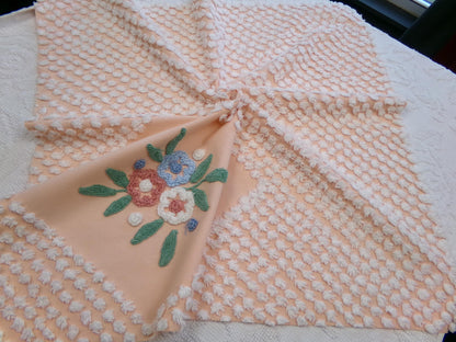 Vintage Peach Chenille Fabric Floral White Puff Tufts, Quilting Crafts Cottage Chic Bedspread Material Upcycle Sewing Supply, 26" x 27"