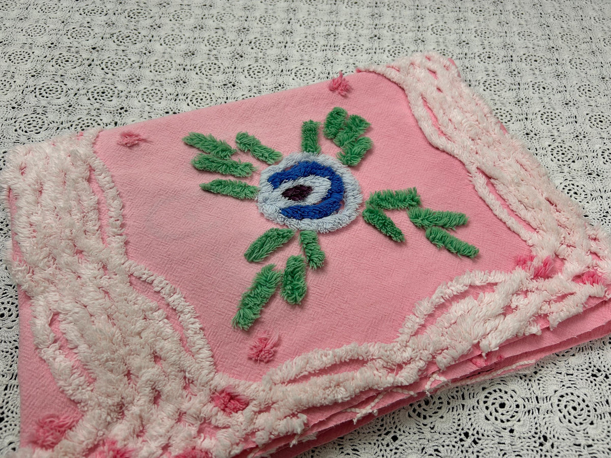 Vintage Pink Floral Chenille Fabric, Cottage Style 20x30" Quilting Sewing Textile