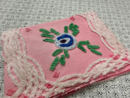 Vintage Pink Floral Chenille Fabric, Cottage Style 20x30" Quilting Sewing Textile