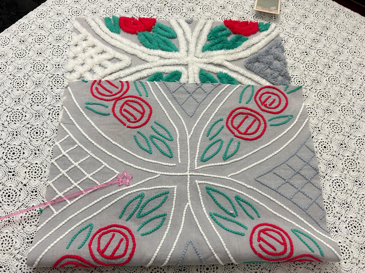 Red Rose Vintage Chenille Fabric, Dove Grey & White 15x28" Craft Piece