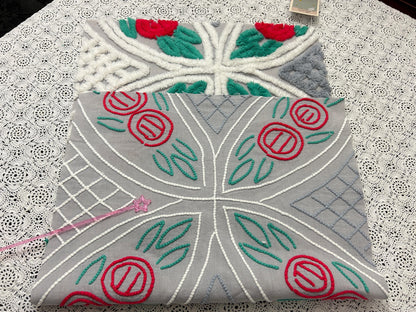 Red Rose Vintage Chenille Fabric, Dove Grey & White 15x28" Craft Piece