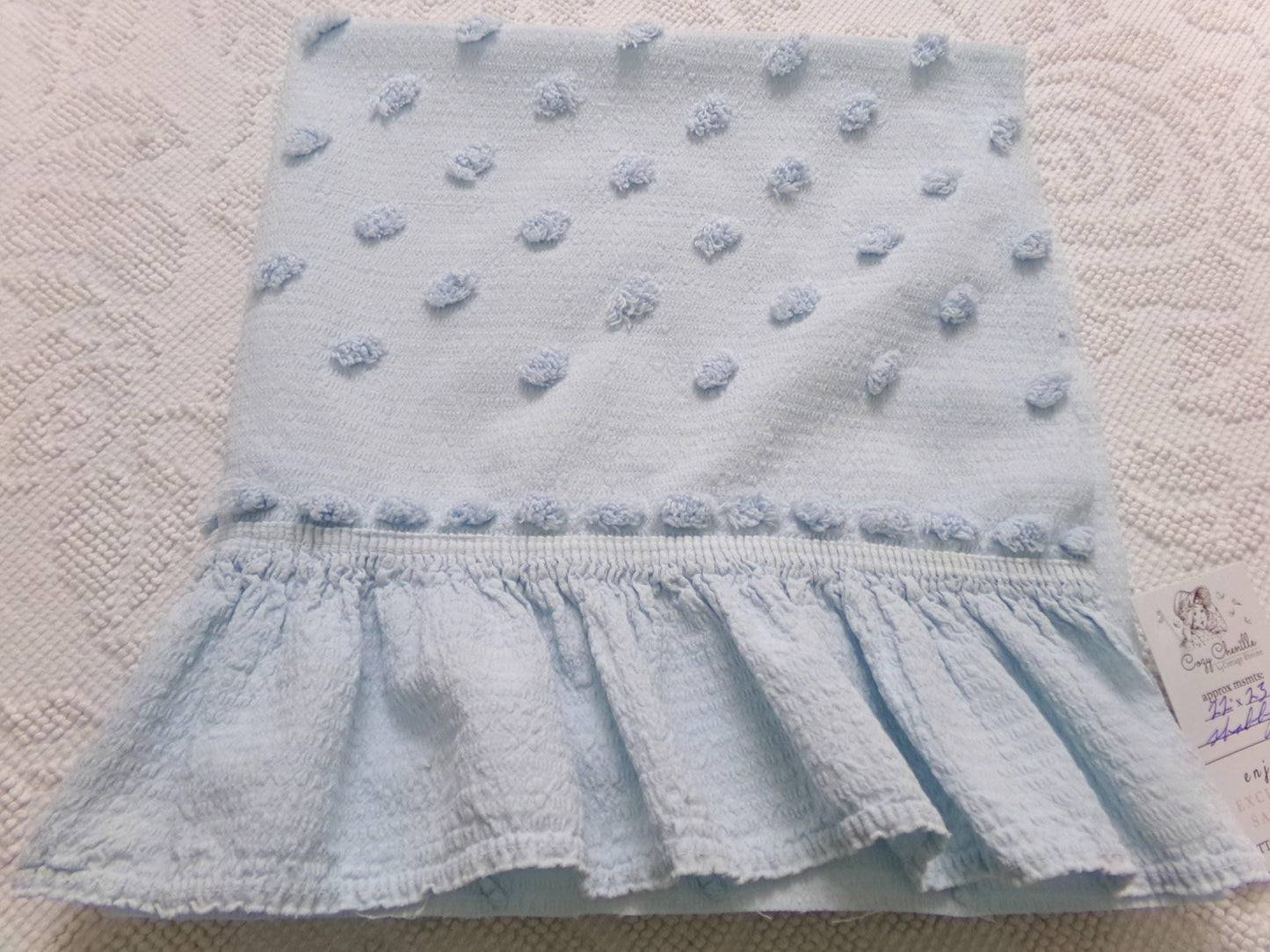 powder blue vintage chenille fabric, tufted dots on cotton seersucker, 22" x 23" piece