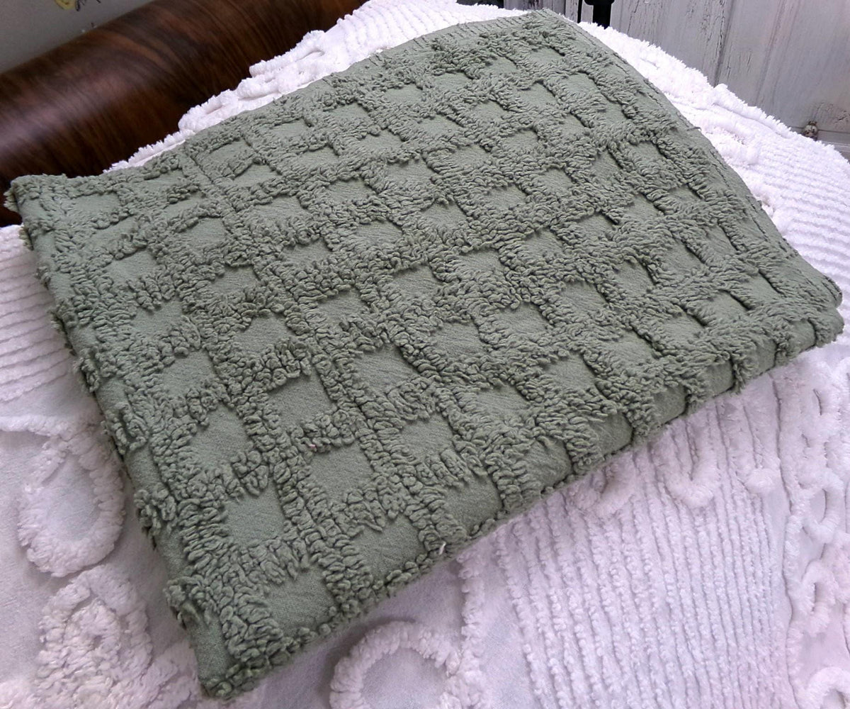 Simple Sage Squares Vintage Style Chenille Fabric, Grid Design, 18x24" Piece