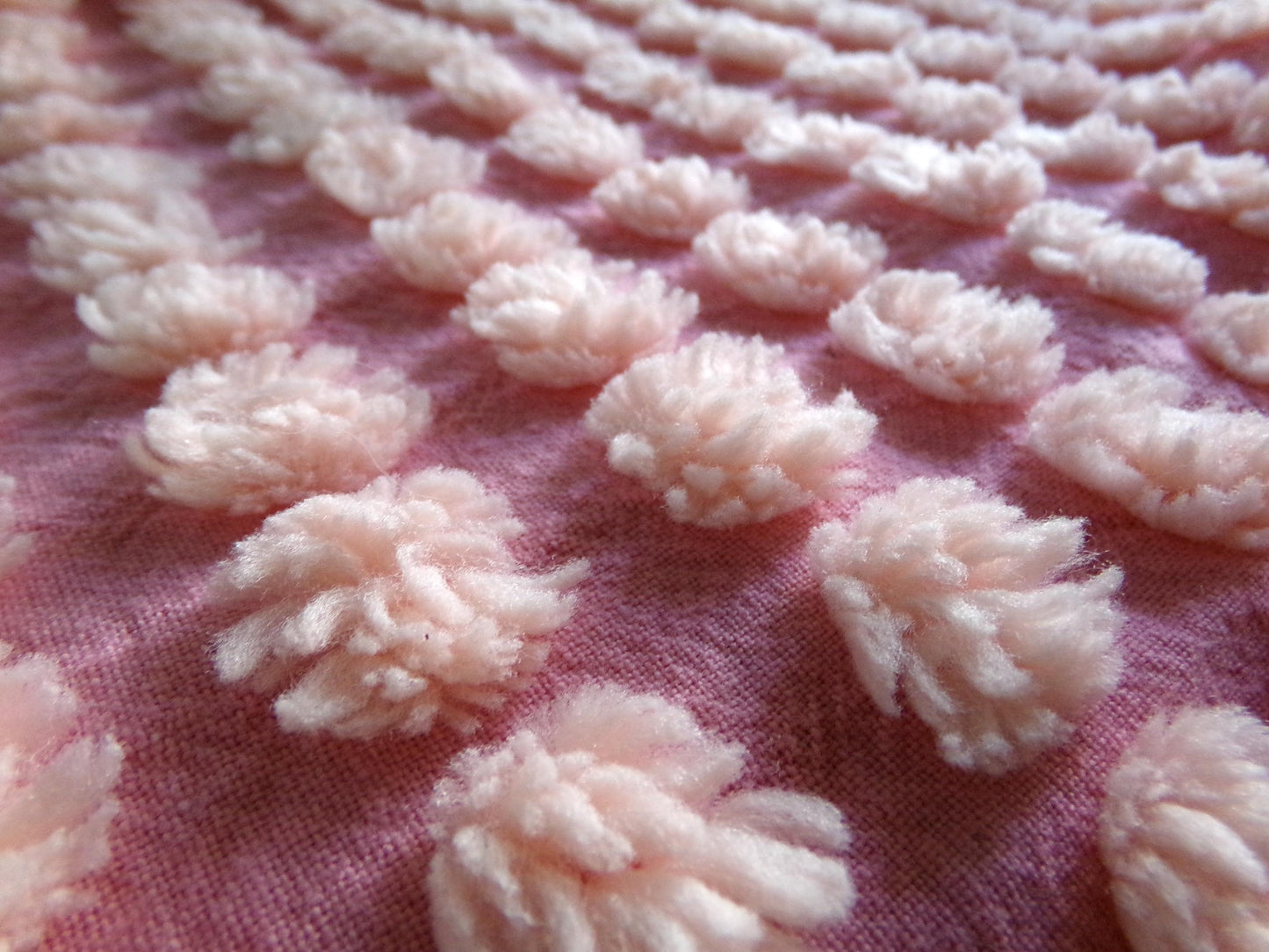 fluffy puff pops chenille fabric, sweet oversize bobbles on pink rose, 20" x 24" inch piece great for chenille quilts & sewing projects