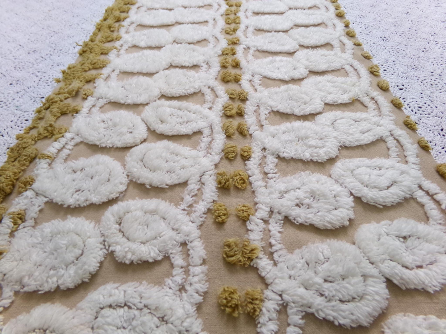 Vintage Chenille Fabric, Creamy Caramel White Dot Swirl Design 12x38" Pc
