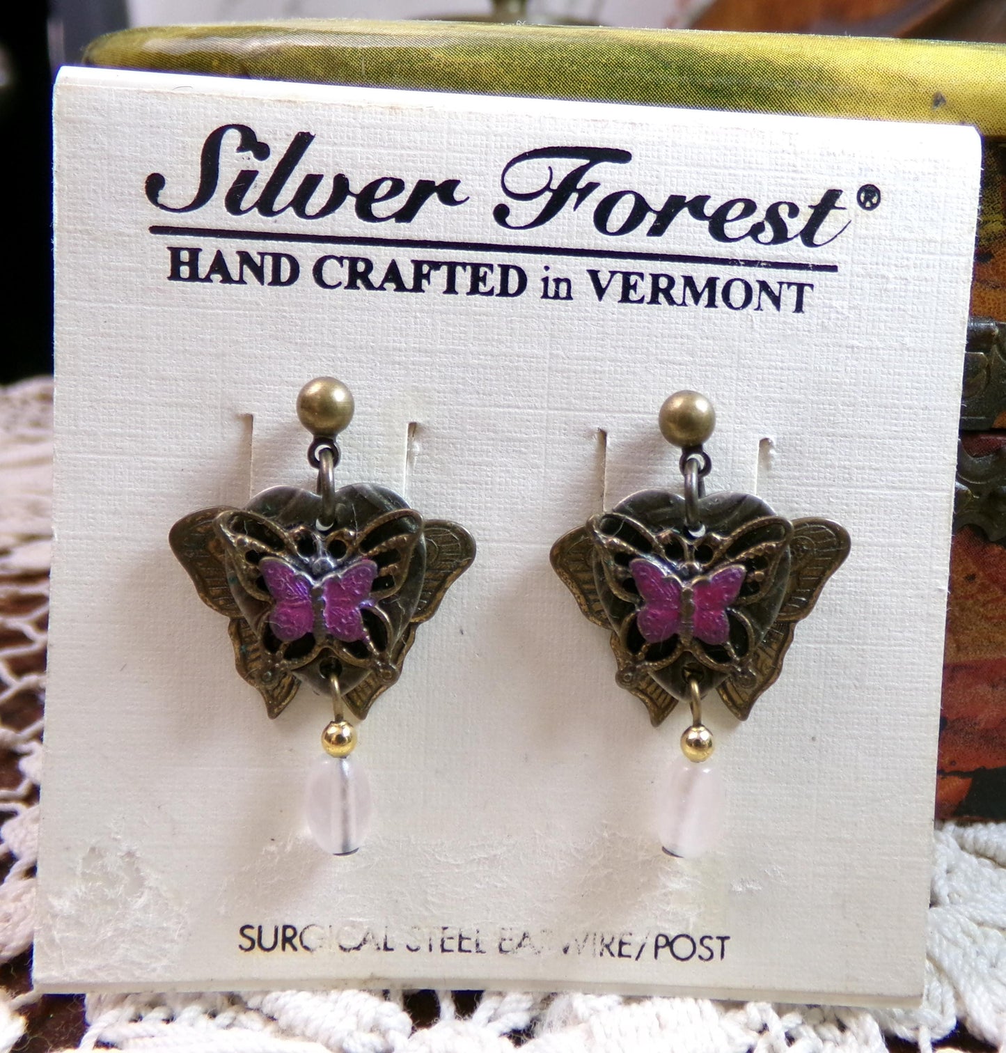 pink butterfly dangle earrings, pierced post back vintage Silver Forest Vermont jewelry