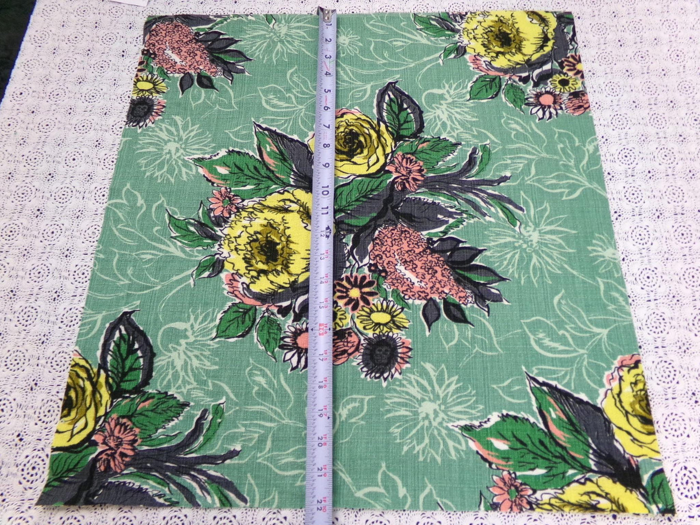 Vintage Green Floral Barkcloth Fabric Panel, Tonal Rose Shadow Leaf Design 21"x20.5"