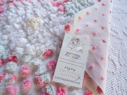 Cupcake Pink Pops Vintage Chenille Fabric, 21" x 28" inch antique handtufted floral cut piece, Beautiful in DIY Pillows