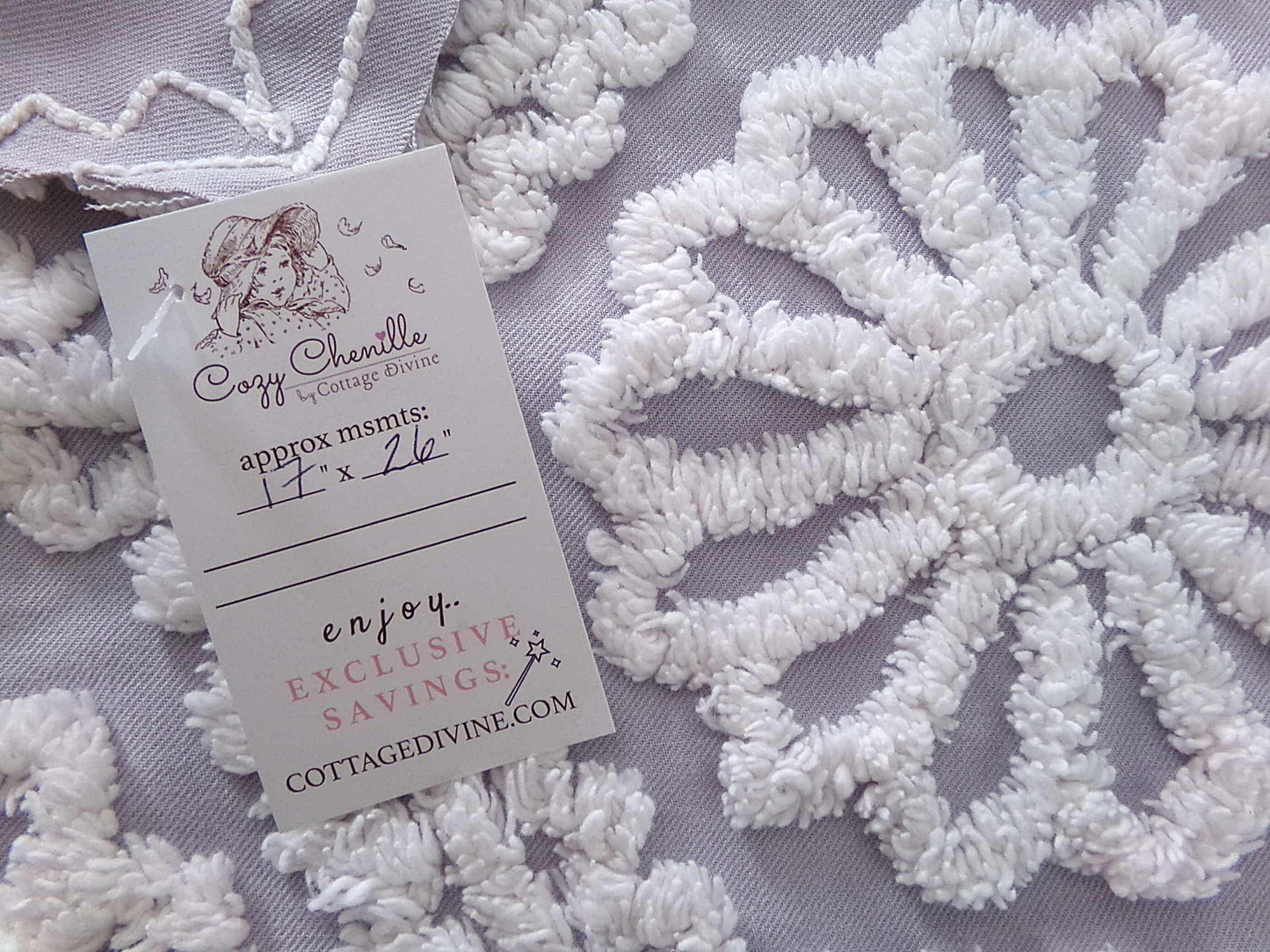 lavender mist cottage style chenille fabric, plush white ruffle daisies, 17" x 26" piece of vintage sewing material for quilting, fiber arts