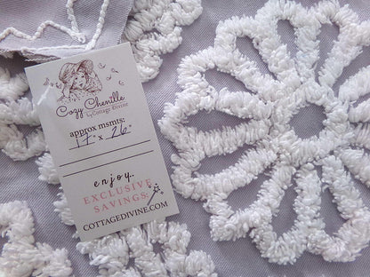 lavender mist cottage style chenille fabric, plush white ruffle daisies, 17" x 26" piece of vintage sewing material for quilting, fiber arts