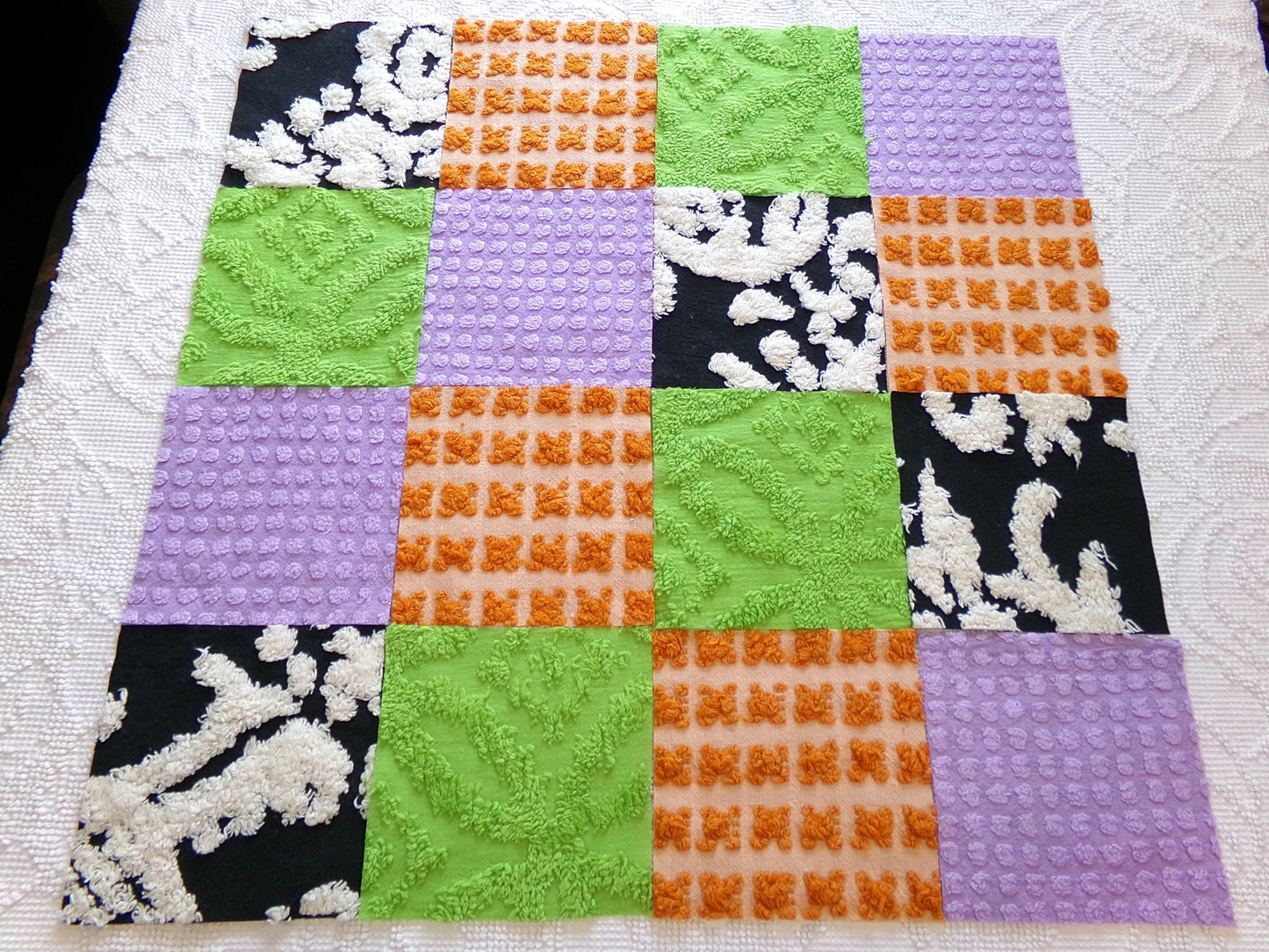 boho witchy vintage chenille fabric squares, set of 16 spellbinding 6" blocks for crafts, sewing in orange, black, green & lavender