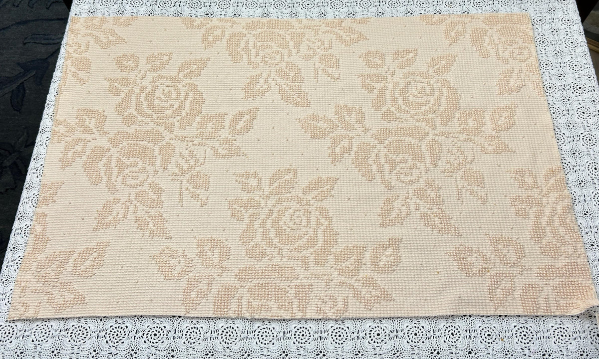 Neutral Vintage Chenille Fabric, Autumn Wheat Cabbage Roses & Dots, 18x28" Piece