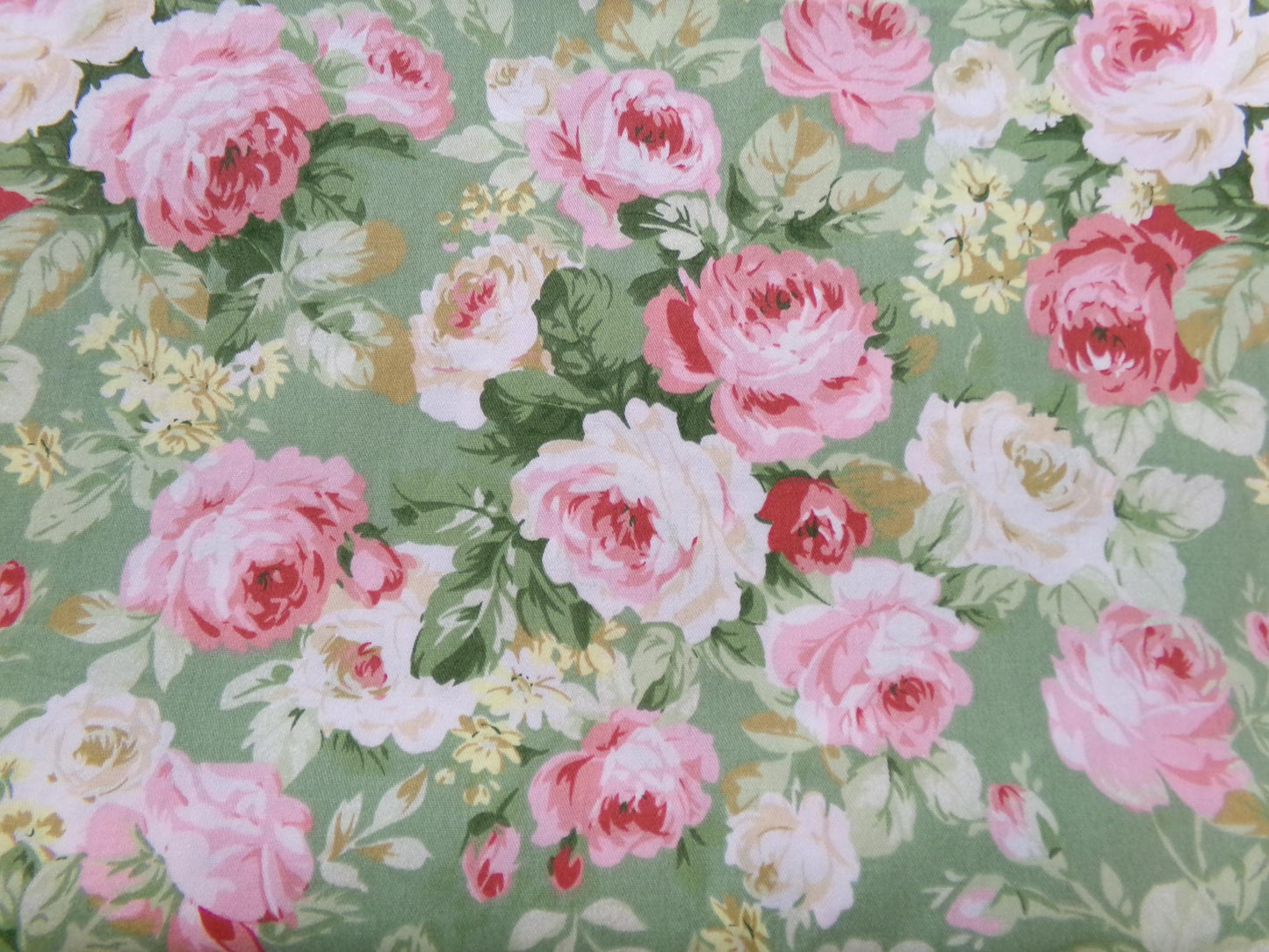 Vintage Cotton Quilt Fabric English Rose Floral Pink Green Shabby Chic Cottage 30" x 36"