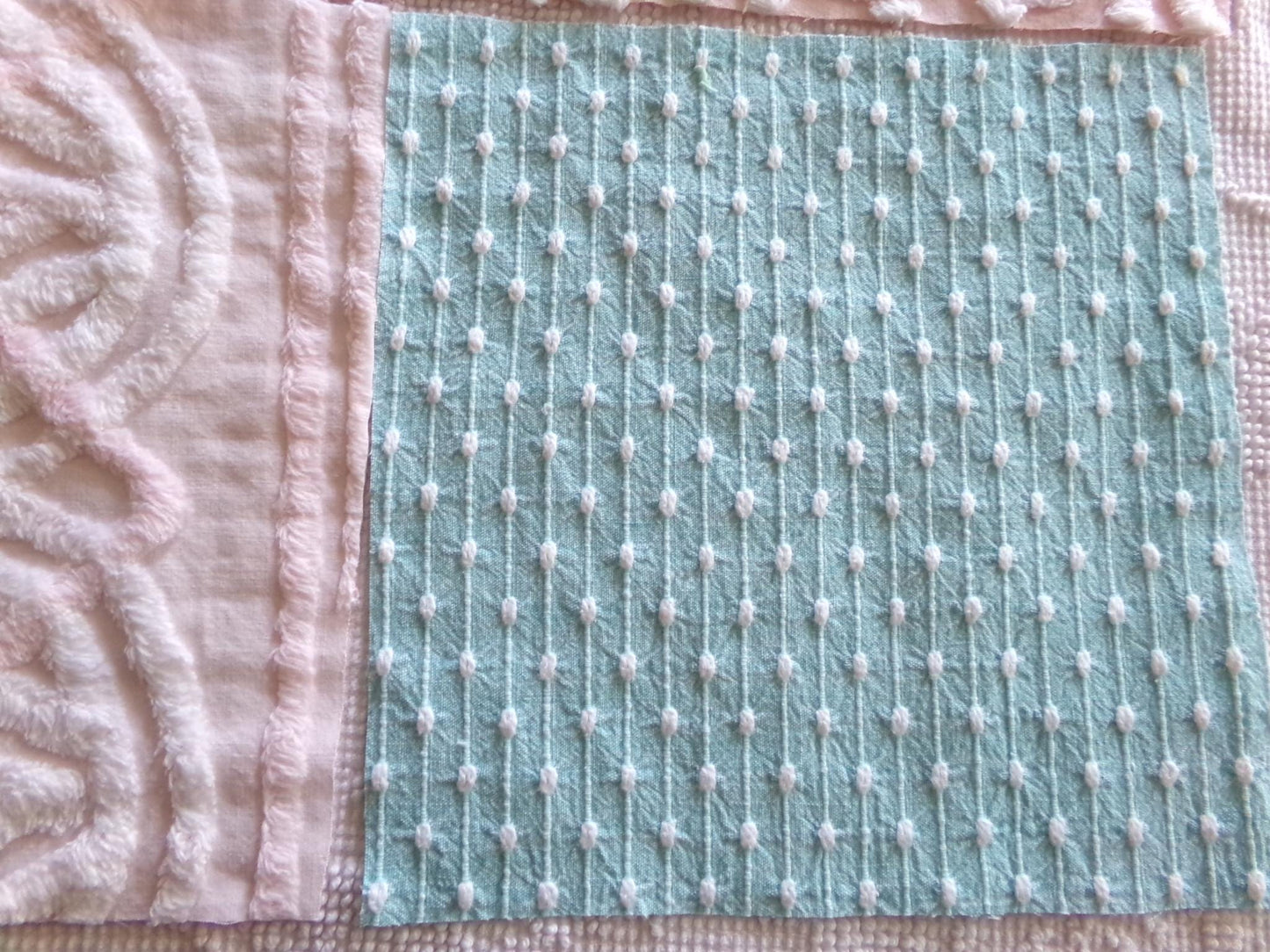 chenille fabric squares, set of 6 large 9.5" square quilt blocks from vintage chenille bedspreads, pretty daisy, plush floral, dots