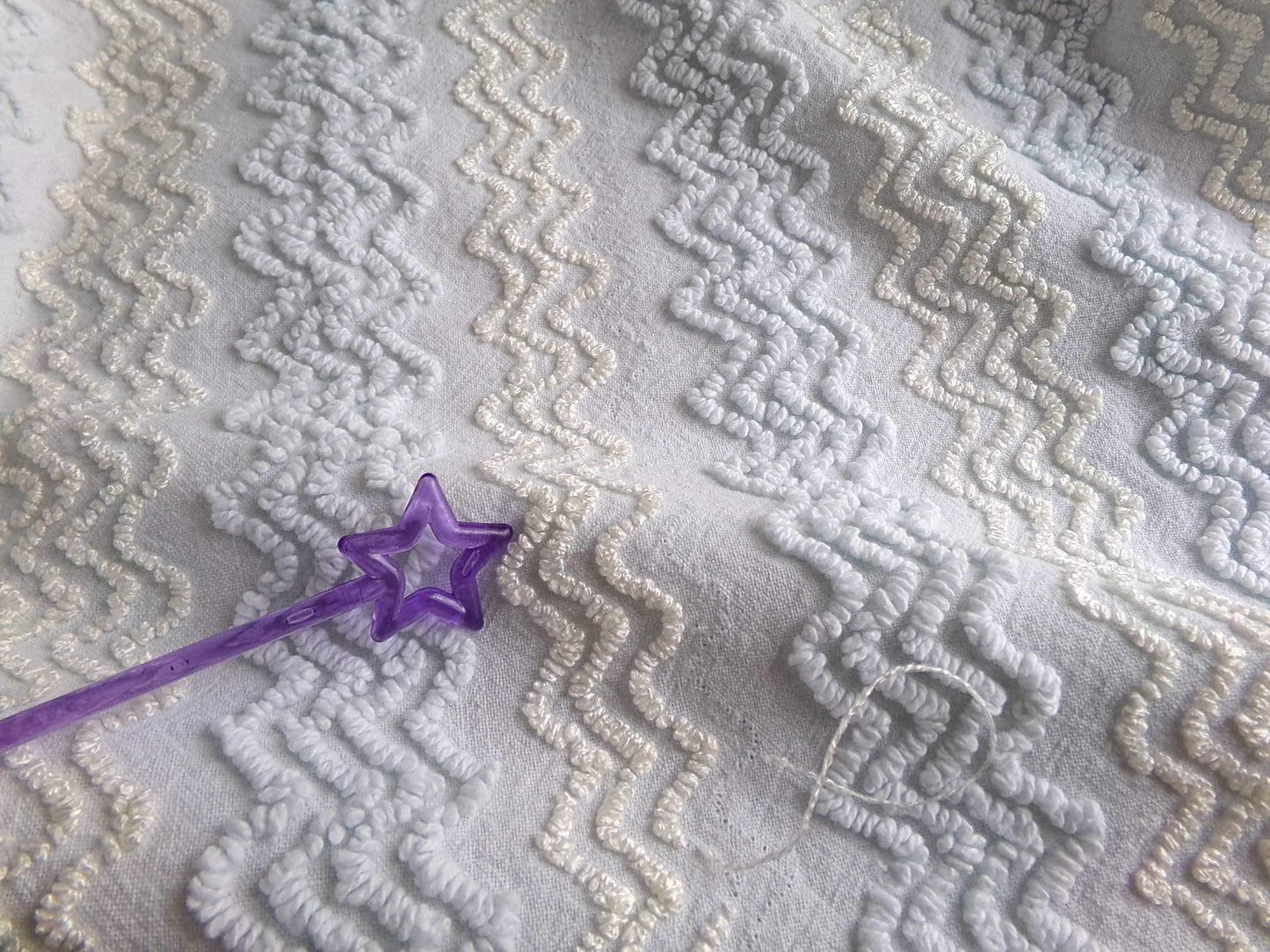 pastel blue & white vintage chenille fabric 23" x 20" gentle zig zag texture quilting material