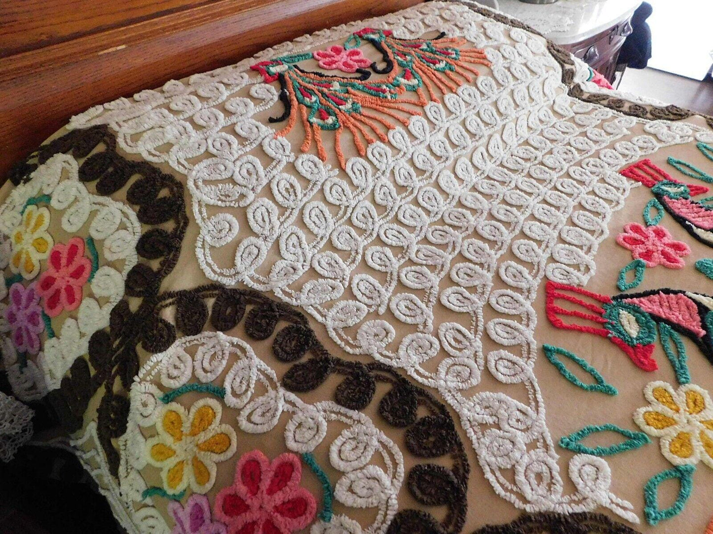 Boho Vintage Peacock Chenille Bedspread, "Opposites Attract" Lovebirds, FULL Sz