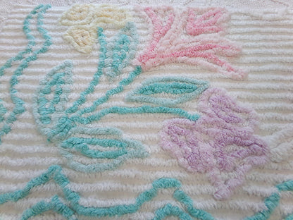 Pastel Floral Vintage Chenille Bedspread Fabric, Cottage Chic Design 18" x 24" piece sewing material