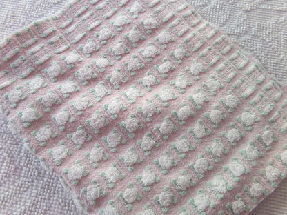 phantom white rosebud chenille fabric, 18" x 24" inch piece of dusty pink vintage Morgan Jones rosebuds quilt material for sewing & crafts