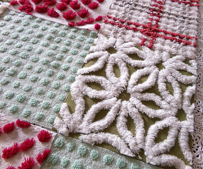 country Christmas chenille fabric squares, classic old-fashioned holiday red, green, white, set of 16 vintage quilt blocks 6" x 6" inch