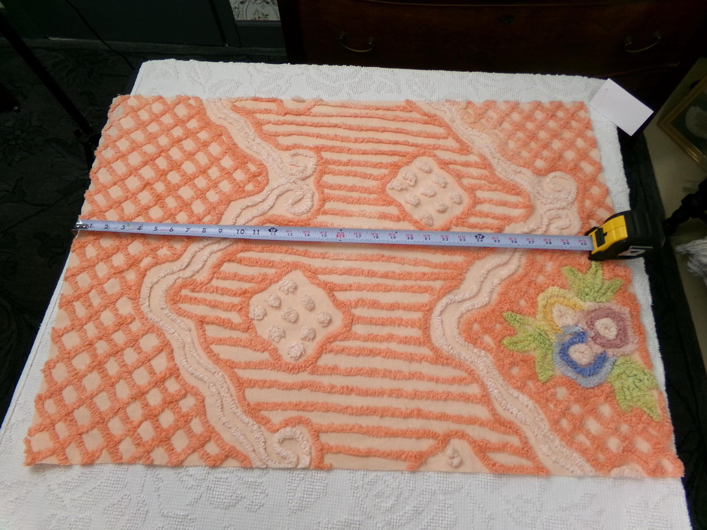 Vintage Cotton Chenille Fabric Peach Mixed Lattice Swag Floral 22x30 Shabby Chic Craft