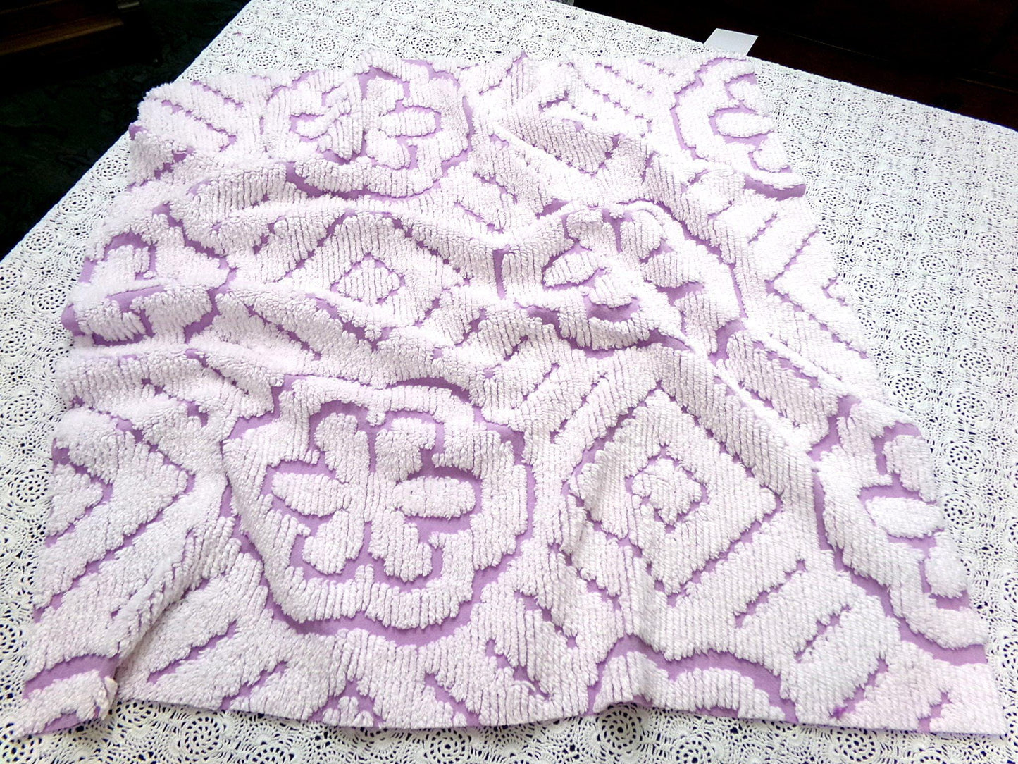 Lavender White Vintage Chenille Fabric Piece 25x26" Daisy Diamond Geometric