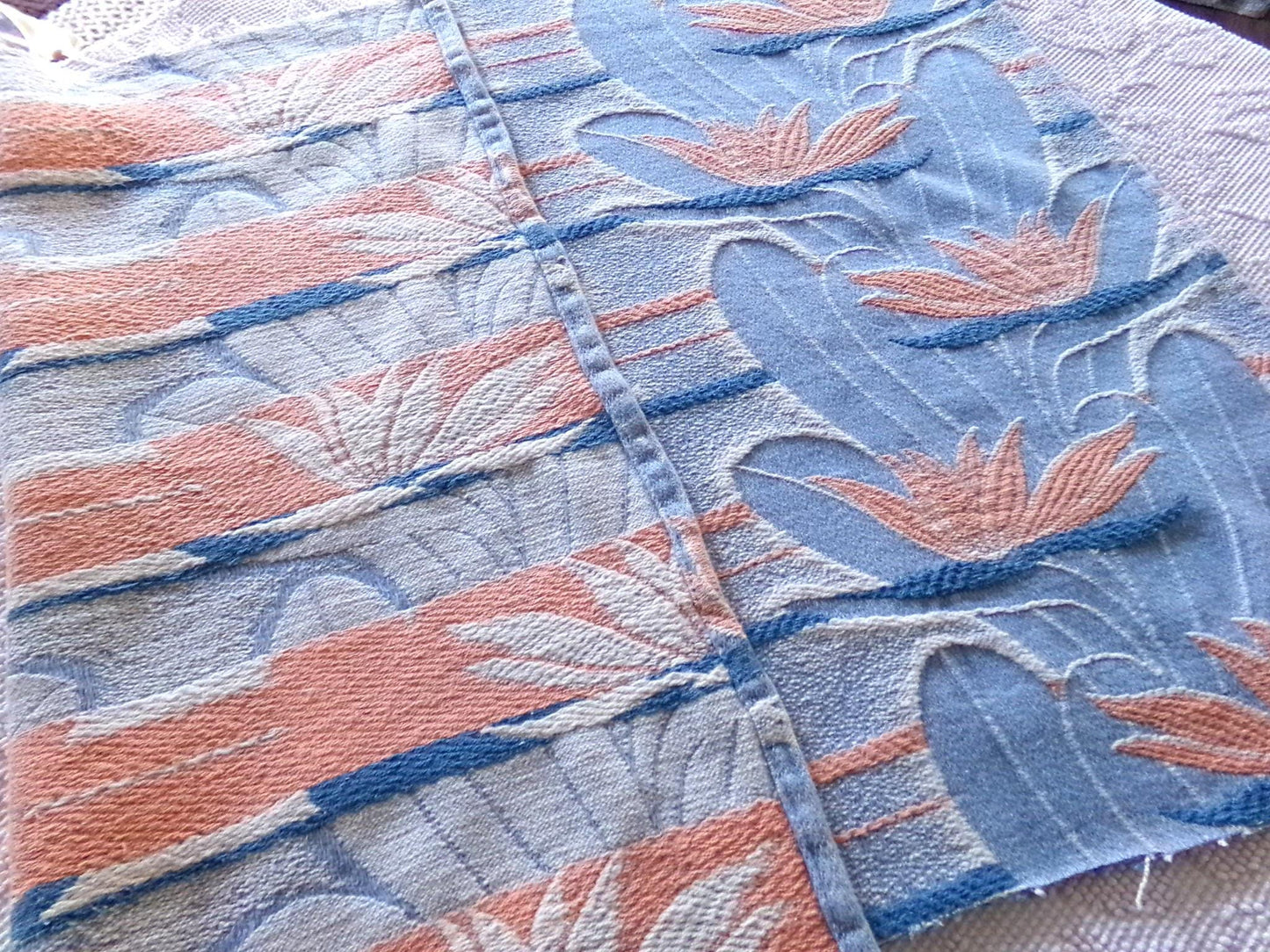 tranquil water lily vintage woven fabric piece, 21" x 32" inch reversible sewing material, calming blue & coral lilies