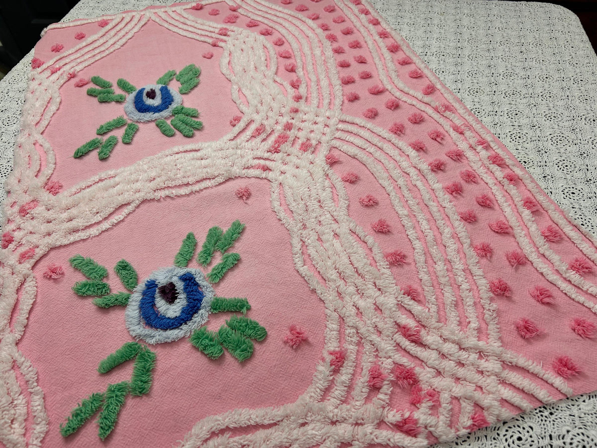 Vintage Pink Floral Chenille Fabric, Cottage Style 20x30" Quilting Sewing Textile