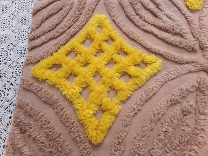 earthy energetic vintage chenille bedspread fabric, 25" x 22" geometric design