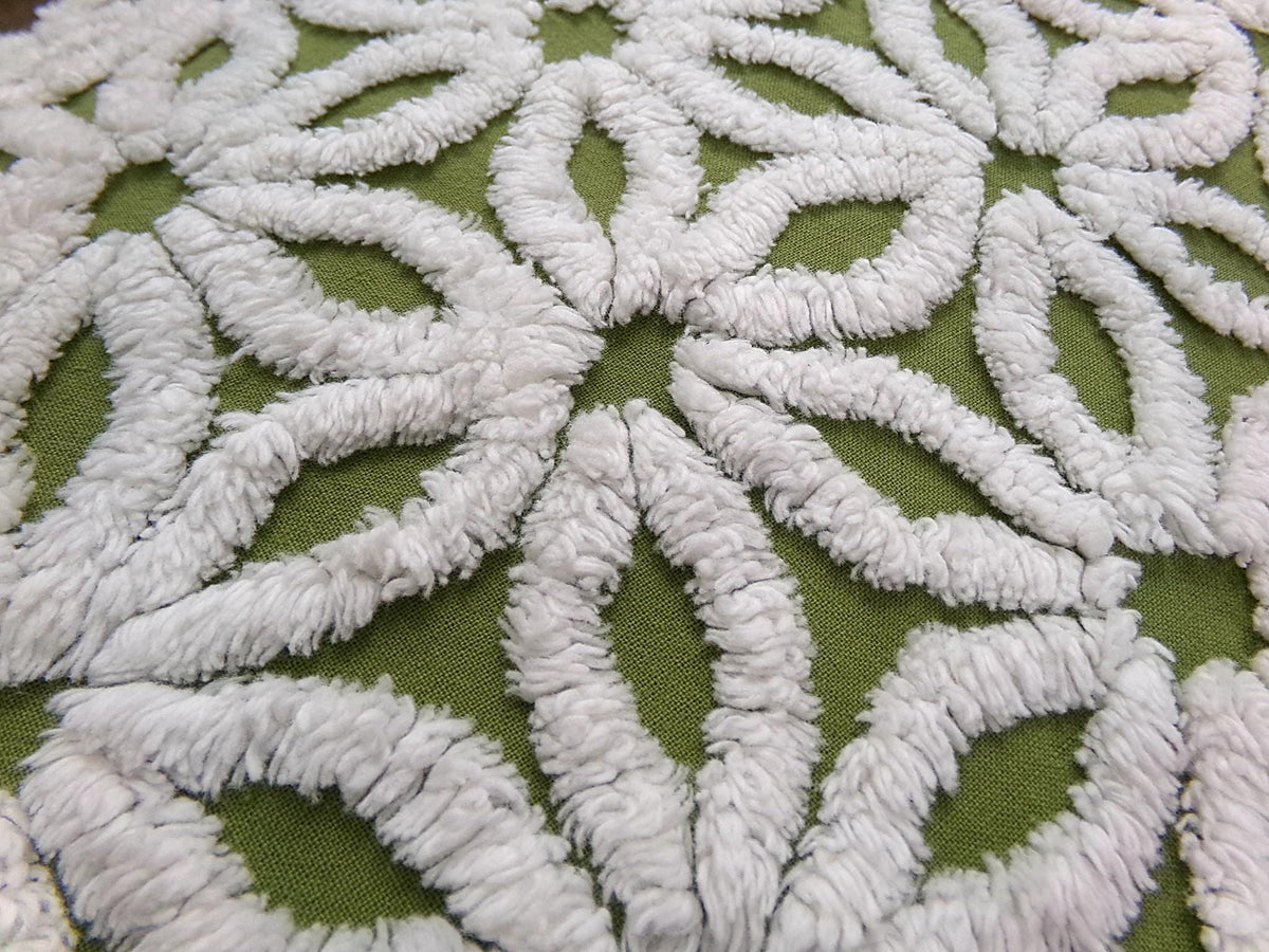 Boho Olive Green Vintage Chenille Fabric, High Contrast White Daisy 18x24" Pc