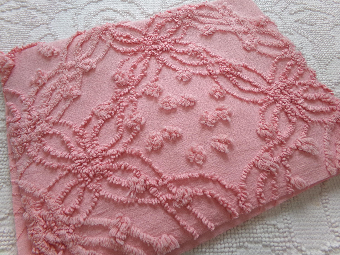 bubblegum pink vintage chenille bedspread fabric, geometric design, 18" x 24"