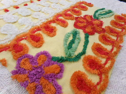 Sunny Side Up Yellow Vintage Chenille Fabric, tufted floral curlicue dots, piece sewing craft quilt material, 16" x 27"
