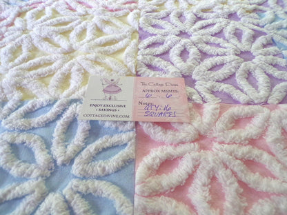 Rainbow Pastel Daisy Quilt Squares Set, Fluffy & Plush, from Vintage Chenille Bedspread Fabric, 16 Blocks, 6" x 6" inch
