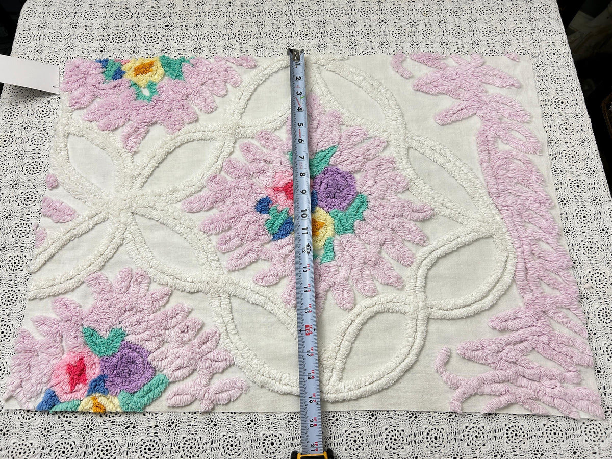 Vintage Chenille Fabric, Lavender Pink Floral Tufted 18x26" Craft Piece