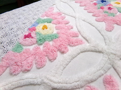 Vintage Chenille Fabric Piece, Pink Frosting Floral Cottage Chic Sewing Material 18x30"